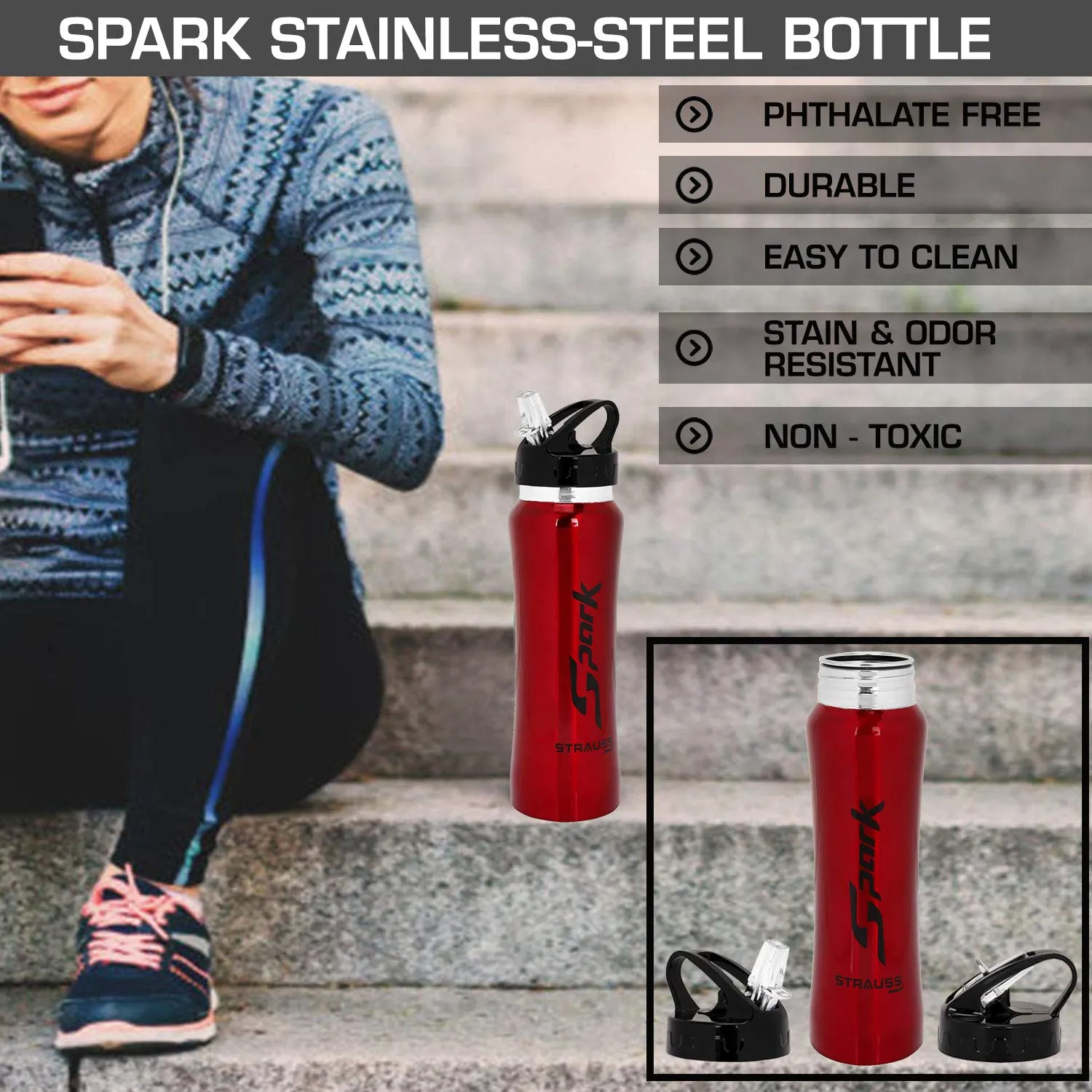 STRAUSS Spark Stainless-Steel Bottle | Leak-Proof Water Bottle | Water Bottle for Travel, Hiking, Trekking, Home, Office & School | Non-Toxic & BPA Free Steel Bottles | 750 ml,(Metal Finish Red)