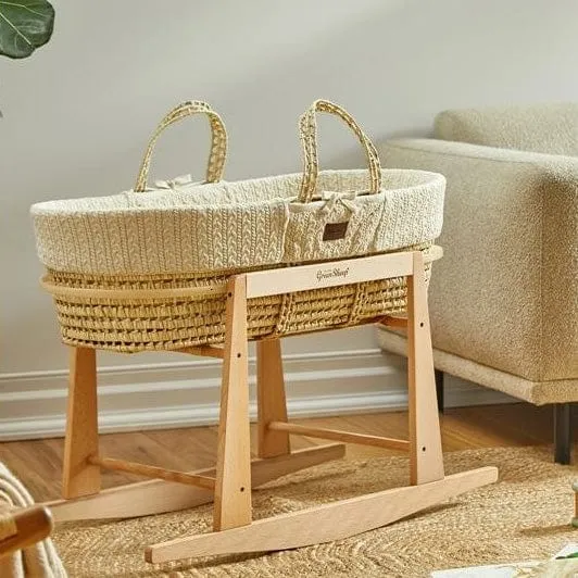 The Little Green Sheep Knitted Moses Basket and Rocking Stand Bundle in Linen