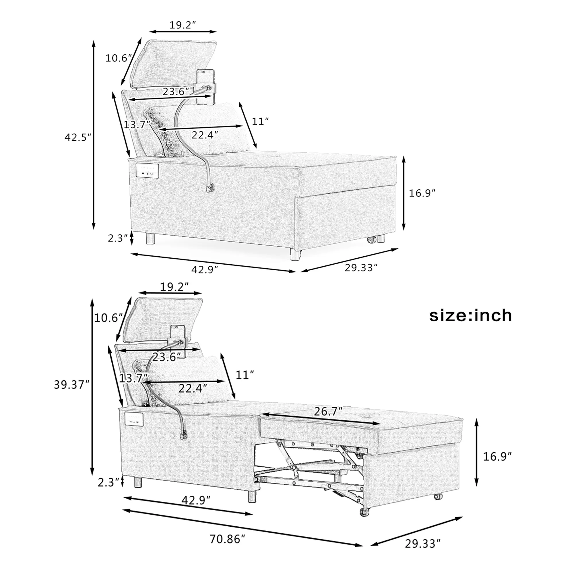 Trio Reclining Sleeper Sofa Bed - Cream