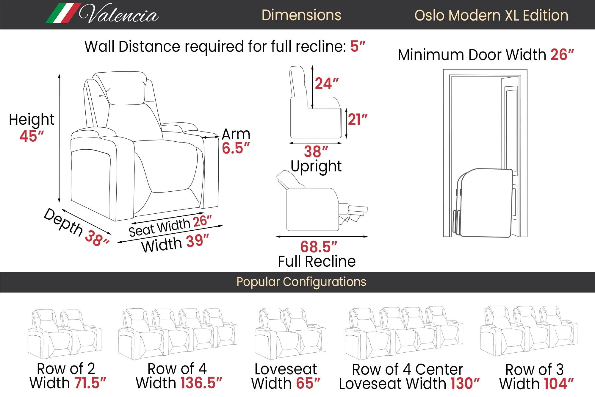 Valencia Oslo Modern XL Home Theater Seating Row of 4 Loveseat Left, Midnight Black